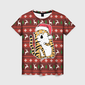 Женская футболка 3D с принтом Рождественский удивленный тигр в Екатеринбурге, 100% полиэфир ( синтетическое хлопкоподобное полотно) | прямой крой, круглый вырез горловины, длина до линии бедер | 2022 | год тигра | новый год | новый год 2022 | символ года | тигр | тигренок | тигрица | тигры