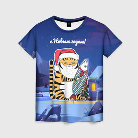 Женская футболка 3D с принтом Тигр с огромной рыбой в Екатеринбурге, 100% полиэфир ( синтетическое хлопкоподобное полотно) | прямой крой, круглый вырез горловины, длина до линии бедер | 2022 | год тигра | новый год | новый год 2022 | символ года | тигр | тигренок | тигрица | тигры