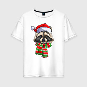 Женская футболка хлопок Oversize с принтом Енот Санта Клаус в Екатеринбурге, 100% хлопок | свободный крой, круглый ворот, спущенный рукав, длина до линии бедер
 | christmas | santa | дед мороз | енот | зима | новый год | рождество | санта | снег | снежинка