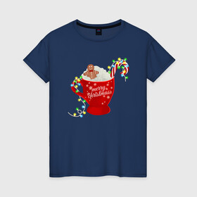 Женская футболка хлопок с принтом Рождественский пряник в Екатеринбурге, 100% хлопок | прямой крой, круглый вырез горловины, длина до линии бедер, слегка спущенное плечо | гирлянда | еда | кофе | кружка | новый год | праздник | пряник | рождество