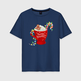 Женская футболка хлопок Oversize с принтом Рождественский пряник в Екатеринбурге, 100% хлопок | свободный крой, круглый ворот, спущенный рукав, длина до линии бедер
 | гирлянда | еда | кофе | кружка | новый год | праздник | пряник | рождество