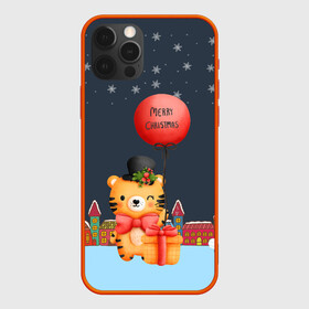 Чехол для iPhone 12 Pro с принтом Новогодний тигренок с красным шариком в Екатеринбурге, силикон | область печати: задняя сторона чехла, без боковых панелей | Тематика изображения на принте: 2022 | год тигра | новый год | новый год 2022 | символ года | тигр | тигренок | тигрица | тигры