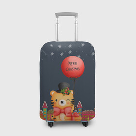 Чехол для чемодана 3D с принтом Новогодний тигренок с красным шариком в Екатеринбурге, 86% полиэфир, 14% спандекс | двустороннее нанесение принта, прорези для ручек и колес | 2022 | год тигра | новый год | новый год 2022 | символ года | тигр | тигренок | тигрица | тигры