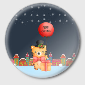 Значок с принтом Новогодний тигренок с красным шариком в Екатеринбурге,  металл | круглая форма, металлическая застежка в виде булавки | 2022 | год тигра | новый год | новый год 2022 | символ года | тигр | тигренок | тигрица | тигры