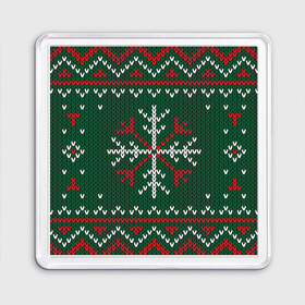 Магнит 55*55 с принтом Knitted Snowflake Pattern в Екатеринбурге, Пластик | Размер: 65*65 мм; Размер печати: 55*55 мм | background | christmas | holiday | knitted pattern | pattern | snowflakes | trees | winter | вязаный узор | елки | зима | праздник | рождество | снежинки | узор | фон