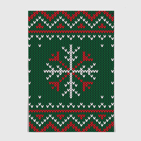 Постер с принтом Knitted Snowflake Pattern в Екатеринбурге, 100% бумага
 | бумага, плотность 150 мг. Матовая, но за счет высокого коэффициента гладкости имеет небольшой блеск и дает на свету блики, но в отличии от глянцевой бумаги не покрыта лаком | background | christmas | holiday | knitted pattern | pattern | snowflakes | trees | winter | вязаный узор | елки | зима | праздник | рождество | снежинки | узор | фон