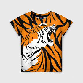 Детская футболка 3D с принтом Тигровый окрас в Екатеринбурге, 100% гипоаллергенный полиэфир | прямой крой, круглый вырез горловины, длина до линии бедер, чуть спущенное плечо, ткань немного тянется | 2022 | aggressive | brindle color | fangs | in profile | new year | open mouth | predator | tiger | year of the tiger | агрессивный | в профиль | год тигра | клыки | новый год | открытая пасть | тигр | тигровый окрас | хищник