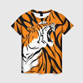 Женская футболка 3D с принтом Тигровый окрас в Екатеринбурге, 100% полиэфир ( синтетическое хлопкоподобное полотно) | прямой крой, круглый вырез горловины, длина до линии бедер | 2022 | aggressive | brindle color | fangs | in profile | new year | open mouth | predator | tiger | year of the tiger | агрессивный | в профиль | год тигра | клыки | новый год | открытая пасть | тигр | тигровый окрас | хищник