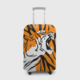 Чехол для чемодана 3D с принтом Тигровый окрас в Екатеринбурге, 86% полиэфир, 14% спандекс | двустороннее нанесение принта, прорези для ручек и колес | 2022 | aggressive | brindle color | fangs | in profile | new year | open mouth | predator | tiger | year of the tiger | агрессивный | в профиль | год тигра | клыки | новый год | открытая пасть | тигр | тигровый окрас | хищник