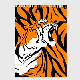 Скетчбук с принтом Тигровый окрас в Екатеринбурге, 100% бумага
 | 48 листов, плотность листов — 100 г/м2, плотность картонной обложки — 250 г/м2. Листы скреплены сверху удобной пружинной спиралью | 2022 | aggressive | brindle color | fangs | in profile | new year | open mouth | predator | tiger | year of the tiger | агрессивный | в профиль | год тигра | клыки | новый год | открытая пасть | тигр | тигровый окрас | хищник
