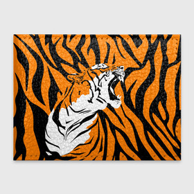 Обложка для студенческого билета с принтом Тигровый окрас в Екатеринбурге, натуральная кожа | Размер: 11*8 см; Печать на всей внешней стороне | 2022 | aggressive | brindle color | fangs | in profile | new year | open mouth | predator | tiger | year of the tiger | агрессивный | в профиль | год тигра | клыки | новый год | открытая пасть | тигр | тигровый окрас | хищник