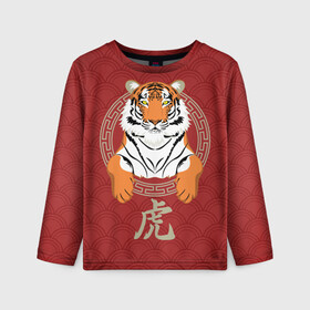 Детский лонгслив 3D с принтом Китайский тигр в раме в Екатеринбурге, 100% полиэстер | длинные рукава, круглый вырез горловины, полуприлегающий силуэт
 | 2022 | chinese character | framed | new year | ornament | powerful | predator | strong | tiger | year of the tiger | yellow look | в рамке | год тигра | жёлтый взгляд | китайский иероглиф | мощный | новый год | орнамент | сильный | тигр | хищник