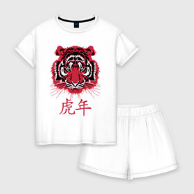 Женская пижама с шортиками хлопок с принтом Китайский год тигра. в Екатеринбурге, 100% хлопок | футболка прямого кроя, шорты свободные с широкой мягкой резинкой | 2022 | chinese | hieroglyph | look | new year | powerful | predator | red | strong | tiger | year of the tiger | взгляд | год тигра | иероглиф | китайский | красный | мощный | новый год | сильный | тигр | хищник