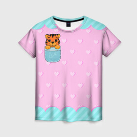 Женская футболка 3D с принтом Маленький тигр в кармане в Екатеринбурге, 100% полиэфир ( синтетическое хлопкоподобное полотно) | прямой крой, круглый вырез горловины, длина до линии бедер | 2022 | год тигра | новый год | новый год 2022 | символ года | тигр | тигренок | тигрица | тигры