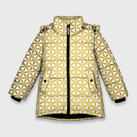 Зимняя куртка для девочек 3D с принтом Цветок Жизни (золото) в Екатеринбурге, ткань верха — 100% полиэстер; подклад — 100% полиэстер, утеплитель — 100% полиэстер. | длина ниже бедра, удлиненная спинка, воротник стойка и отстегивающийся капюшон. Есть боковые карманы с листочкой на кнопках, утяжки по низу изделия и внутренний карман на молнии. 

Предусмотрены светоотражающий принт на спинке, радужный светоотражающий элемент на пуллере молнии и на резинке для утяжки. | melchizedek | sacred geometry | vesica piscis | геометрия пространства | герметизм | древо жизни | друнвало мельхиседек | золотое сечение | куб метатрона | матрица | мудрость | роза мира | сакральная геометрия
