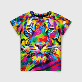 Детская футболка 3D с принтом Тигр в стиле поп арт в Екатеринбурге, 100% гипоаллергенный полиэфир | прямой крой, круглый вырез горловины, длина до линии бедер, чуть спущенное плечо, ткань немного тянется | 2022 | art | beast | mosaic | multicolored head | new year | pop art | predator | rainbow | tiger | year of the tiger | год тигра | зверь | искусство | мозаика | новый год | радужный | разноцветная голова | тигр | хищник