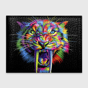 Обложка для студенческого билета с принтом Саблезубый тигр в стиле поп арт в Екатеринбурге, натуральная кожа | Размер: 11*8 см; Печать на всей внешней стороне | Тематика изображения на принте: 2022 | art | beast | colorful head | mosaic | new year | pop art | predator | rainbow | sabertoothed tiger | year of the tiger | большие клыки | год тигра | зверь | искусство | мозаика | новый год | радужный | разноцветная голова | саблезубый тиг