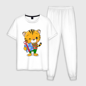 Мужская пижама хлопок с принтом Тигренок с коробкой подарков в Екатеринбурге, 100% хлопок | брюки и футболка прямого кроя, без карманов, на брюках мягкая резинка на поясе и по низу штанин
 | 2022 | год тигра | новый год | новый год 2022 | символ года | тигр | тигренок | тигрица | тигры