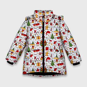 Зимняя куртка для девочек 3D с принтом New Years Mood в Екатеринбурге, ткань верха — 100% полиэстер; подклад — 100% полиэстер, утеплитель — 100% полиэстер. | длина ниже бедра, удлиненная спинка, воротник стойка и отстегивающийся капюшон. Есть боковые карманы с листочкой на кнопках, утяжки по низу изделия и внутренний карман на молнии. 

Предусмотрены светоотражающий принт на спинке, радужный светоотражающий элемент на пуллере молнии и на резинке для утяжки. | Тематика изображения на принте: background | candles | christmas | cookies | fireplace | gifts | holiday | new year | santa claus | snowman | stars | texture | toys | tree | дед мороз | елка | звезды | игрушки | камин | новый год | печенье | подарки | праздник | рождество | санта клаус 
