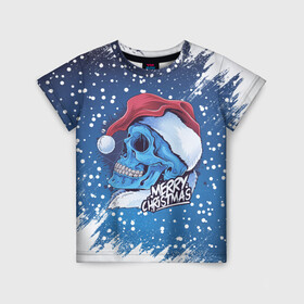 Детская футболка 3D с принтом Merry Christmas | Счастливого Рождества | Skull в Екатеринбурге, 100% гипоаллергенный полиэфир | прямой крой, круглый вырез горловины, длина до линии бедер, чуть спущенное плечо, ткань немного тянется | 2022 | christmas | cold | klaus | merry | new | santa | skull | snow | winter | year | год | дед | зима | клаус | мороз | новый | рождество | санта | скелет | снег | холод | череп