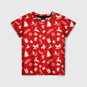 Детская футболка 3D с принтом НОВОГОДНИЙ УЗОР КРАСНО БЕЛЫЙ в Екатеринбурге, 100% гипоаллергенный полиэфир | прямой крой, круглый вырез горловины, длина до линии бедер, чуть спущенное плечо, ткань немного тянется | 2022 | beast | merry christmas | new year | red bow | santa hat | snow | tiger | winter | winter is coming | year of the tiger | год тигра | дед мороз | животные | звери | зверь | зима | зима 2022 | зима близко | новогодний свитер | новогодний у