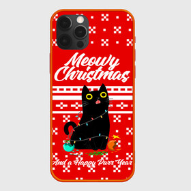 Чехол для iPhone 12 Pro с принтом MEOW | CHRISTMAS в Екатеринбурге, силикон | область печати: задняя сторона чехла, без боковых панелей | 2020 | 2021 | 2022 | christmas | meow | meowy christmas | merry | кот | леденец | мяу | нг | новогодний | новый год | олени | рождество | свитер | узоры