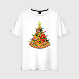 Женская футболка хлопок Oversize с принтом Новогодняя Пицца Елка в Екатеринбурге, 100% хлопок | свободный крой, круглый ворот, спущенный рукав, длина до линии бедер
 | Тематика изображения на принте: christmas | pizza | гирлянда | елка | ель | звезда | новый год | пицца | рождество