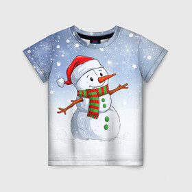Детская футболка 3D с принтом Веселый Снеговик   Happy Snowman в Екатеринбурге, 100% гипоаллергенный полиэфир | прямой крой, круглый вырез горловины, длина до линии бедер, чуть спущенное плечо, ткань немного тянется | Тематика изображения на принте: christmas | santa | snowman | дед мороз | елка | зима | новый год | рождество | санта | снег | снеговик | снегурочка | снежинка