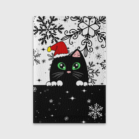 Обложка для паспорта матовая кожа с принтом Новогодний кот в колпаке Санты в Екатеринбурге, натуральная матовая кожа | размер 19,3 х 13,7 см; прозрачные пластиковые крепления | Тематика изображения на принте: black cat | cat | christmas | kitten | kitty | merry christmas | new year | new year cat | santa | snow | snowflakes | winter | зима | киска | колпак | кот | котенок | кошак | новогодний кот | новый год | подарок | рождество | санта | снег 
