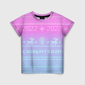 Детская футболка 3D с принтом С новым годом олени 2022 в Екатеринбурге, 100% гипоаллергенный полиэфир | прямой крой, круглый вырез горловины, длина до линии бедер, чуть спущенное плечо, ткань немного тянется | 2022 | вязанный принт | вязаные олени | новый год | олени на свитере | пиксели | розовый градиент