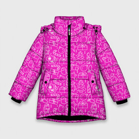 Зимняя куртка для девочек 3D с принтом Рattern аmong us в Екатеринбурге, ткань верха — 100% полиэстер; подклад — 100% полиэстер, утеплитель — 100% полиэстер. | длина ниже бедра, удлиненная спинка, воротник стойка и отстегивающийся капюшон. Есть боковые карманы с листочкой на кнопках, утяжки по низу изделия и внутренний карман на молнии. 

Предусмотрены светоотражающий принт на спинке, радужный светоотражающий элемент на пуллере молнии и на резинке для утяжки. | игра | линии | паттерн | праздник | узор