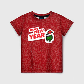 Детская футболка 3D с принтом Новогодний Among Us. в Екатеринбурге, 100% гипоаллергенный полиэфир | прямой крой, круглый вырез горловины, длина до линии бедер, чуть спущенное плечо, ткань немного тянется | игра | контур | надпись | паттерн | персонаж
