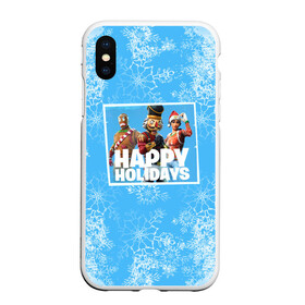 Чехол для iPhone XS Max матовый с принтом Happy holidays Fortnite в Екатеринбурге, Силикон | Область печати: задняя сторона чехла, без боковых панелей | игра | персонажи | снег | снежинки | фото