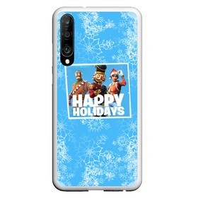 Чехол для Honor P30 с принтом Happy holidays Fortnite в Екатеринбурге, Силикон | Область печати: задняя сторона чехла, без боковых панелей | игра | персонажи | снег | снежинки | фото