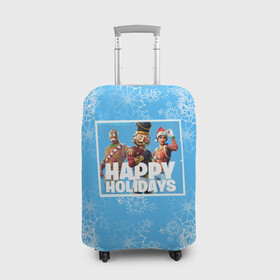 Чехол для чемодана 3D с принтом Happy holidays Fortnite в Екатеринбурге, 86% полиэфир, 14% спандекс | двустороннее нанесение принта, прорези для ручек и колес | игра | персонажи | снег | снежинки | фото