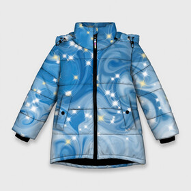 Зимняя куртка для девочек 3D с принтом Голубая метелица в Екатеринбурге, ткань верха — 100% полиэстер; подклад — 100% полиэстер, утеплитель — 100% полиэстер. | длина ниже бедра, удлиненная спинка, воротник стойка и отстегивающийся капюшон. Есть боковые карманы с листочкой на кнопках, утяжки по низу изделия и внутренний карман на молнии. 

Предусмотрены светоотражающий принт на спинке, радужный светоотражающий элемент на пуллере молнии и на резинке для утяжки. | blizzard | snow | winter | абстракция | белый | блестки | блестящий | времена года | зима | зимний | метелица | метель | мороз | новогодний | новый год | погода | праздничный | пурга | синий | снег | снежинки