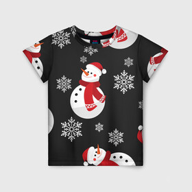 Детская футболка 3D с принтом Снеговик в Екатеринбурге, 100% гипоаллергенный полиэфир | прямой крой, круглый вырез горловины, длина до линии бедер, чуть спущенное плечо, ткань немного тянется | Тематика изображения на принте: merry christmas | веселого рождества | рождество | снеговики | снежинки | шарфик