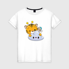 Женская футболка хлопок с принтом Тигренок с облачком в Екатеринбурге, 100% хлопок | прямой крой, круглый вырез горловины, длина до линии бедер, слегка спущенное плечо | 2022 | год тигра | новый год | новый год 2022 | символ года | тигр | тигренок | тигрица | тигры
