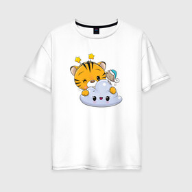 Женская футболка хлопок Oversize с принтом Тигренок с облачком в Екатеринбурге, 100% хлопок | свободный крой, круглый ворот, спущенный рукав, длина до линии бедер
 | 2022 | год тигра | новый год | новый год 2022 | символ года | тигр | тигренок | тигрица | тигры