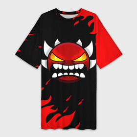 Платье-футболка 3D с принтом GEOMETRY DASH DEMON RED FIRE в Екатеринбурге,  |  | 2d | arcade | demon | fire | flame | game | geometry dash | meltdown | red fire | robtop | smile | аркада | геометрический тире | демон | красный огонь | огонь | раннер | смайлы | эмоции