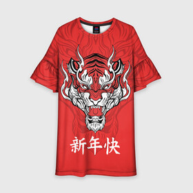 Детское платье 3D с принтом Красный тигр   дракон в Екатеринбурге, 100% полиэстер | прямой силуэт, чуть расширенный к низу. Круглая горловина, на рукавах — воланы | Тематика изображения на принте: 2022 | beast | chinese characters | chinese zodiac | dragon | head | muzzle | new year | predator | red tiger | stern look | year of the tiger | год тигра | голова | дракон | зверь | китайские иероглифы | красный тигр | новый год | по китайскому г