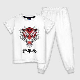 Детская пижама хлопок с принтом Красный тигр   дракон 2022 в Екатеринбурге, 100% хлопок |  брюки и футболка прямого кроя, без карманов, на брюках мягкая резинка на поясе и по низу штанин
 | 2022 | beast | chinese characters | chinese zodiac | dragon | head | muzzle | new year | predator | red tiger | stern look | year of the tiger | год тигра | голова | дракон | зверь | китайские иероглифы | красный тигр | новый год | по китайскому г