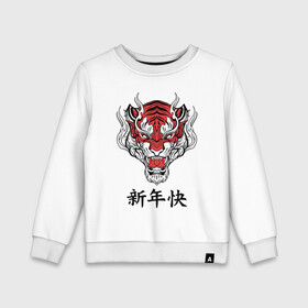 Детский свитшот хлопок с принтом Красный тигр   дракон 2022 в Екатеринбурге, 100% хлопок | круглый вырез горловины, эластичные манжеты, пояс и воротник | 2022 | beast | chinese characters | chinese zodiac | dragon | head | muzzle | new year | predator | red tiger | stern look | year of the tiger | год тигра | голова | дракон | зверь | китайские иероглифы | красный тигр | новый год | по китайскому г