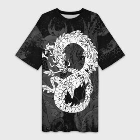 Платье-футболка 3D с принтом Белый Дракон Гранж  White Dragon в Екатеринбурге,  |  | Тематика изображения на принте: beast | dragon | fire | grunge | горелый | дракон | животные | зверь | змей | когти | огонь | пепел | пламя | потертости | узор | чб | японский