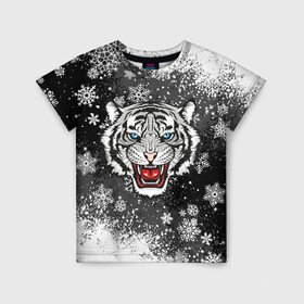 Детская футболка 3D с принтом НОВОГОДНИЙ БЕЛЫЙ ТИГР 2022 в Екатеринбурге, 100% гипоаллергенный полиэфир | прямой крой, круглый вырез горловины, длина до линии бедер, чуть спущенное плечо, ткань немного тянется | 2022 | beast | merry christmas | new year | red bow | santa hat | snow | tiger | winter | winter is coming | year of the tiger | год тигра | дед мороз | животные | звери | зверь | зима | зима 2022 | зима близко | новог | новогодни