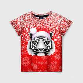 Детская футболка 3D с принтом НОВОГОДНИЙ ТИГР 2022   ЕШПУК 2022 в Екатеринбурге, 100% гипоаллергенный полиэфир | прямой крой, круглый вырез горловины, длина до линии бедер, чуть спущенное плечо, ткань немного тянется | 2022 | beast | merry christmas | new year | red bow | santa hat | snow | tiger | winter | winter is coming | year of the tiger | год тигра | дед мороз | животные | звери | зверь | зима | зима 2022 | зима близко | новог | новогодни