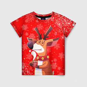 Детская футболка 3D с принтом НОВОГОДНИЙ ОЛЕНЬ И ЧАШКА КОФЕ в Екатеринбурге, 100% гипоаллергенный полиэфир | прямой крой, круглый вырез горловины, длина до линии бедер, чуть спущенное плечо, ткань немного тянется | 2022 | beast | merry christmas | new year | red bow | santa hat | snow | tiger | winter | winter is coming | year of the tiger | год тигра | дед мороз | животные | звери | зверь | зима | зима 2022 | зима близко | новог | новогодни