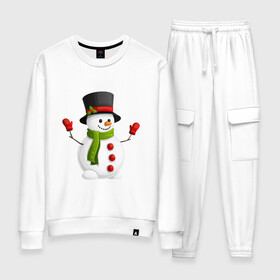 Женский костюм хлопок с принтом Новогодний снеговик с перчатками в Екатеринбурге, 100% хлопок | на свитшоте круглая горловина, мягкая резинка по низу. Брюки заужены к низу, на них два вида карманов: два 