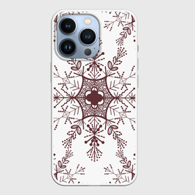 Чехол для iPhone 13 Pro с принтом Шоколадные снежинки на белом фоне в Екатеринбурге,  |  | бесшовный | бесшовный принт | бесшовный узор | зима | зимний | зимний мотив | зимний узор | коричневая снежинка | коричневый | коричневый узор | паттерн | снежинка | снежинки