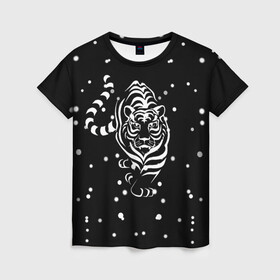 Женская футболка 3D с принтом Новый год 2022 (символ года) в Екатеринбурге, 100% полиэфир ( синтетическое хлопкоподобное полотно) | прямой крой, круглый вырез горловины, длина до линии бедер | 2022 | зима | новый год | символ года | снег | тигр